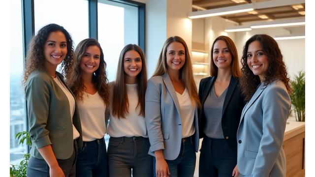 Diverse group of Lumina Wellspring wellness experts smiling and collaborating in a modern, bright office setting.