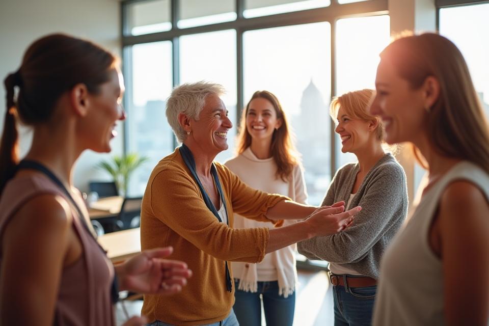 Diverse group of adults 35+ smiling and connecting in a modern, light-filled community hub, with a subtle Austin skyline in the background, conveying warmth and support.
