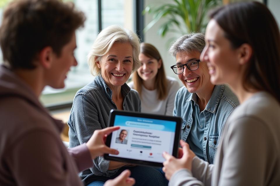 A diverse group of adults 35+ interacting digitally on a clean, modern interface, showcasing connection through personalized wellness profiles.