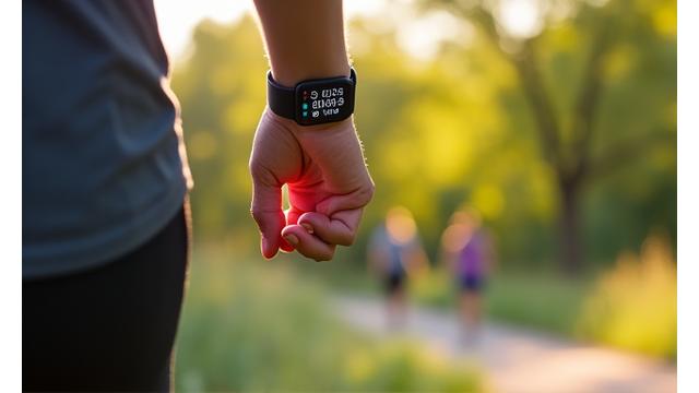 Fitness tracker displaying heart rate on a person's wrist during a run, with blurred Austin park background