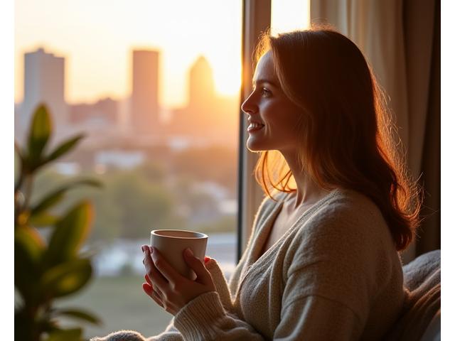 Woman enjoying mindful morning routine with warm beverage looking at Austin skyline