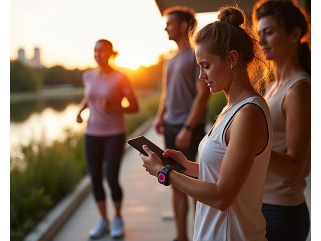 Diverse group of active, healthy Austin adults 35+ engaging with technology like smartwatches and tablets, reflecting a vibrant, optimized lifestyle in a modern, sunlit setting. Subtle Austin skyline in background.