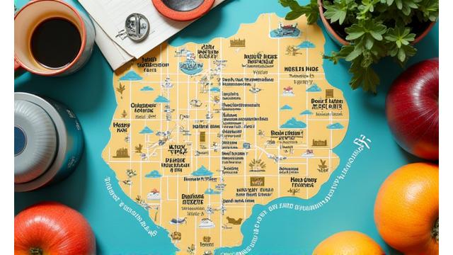 A vibrant map of Austin highlighting healthy cafes and outdoor activity spots.