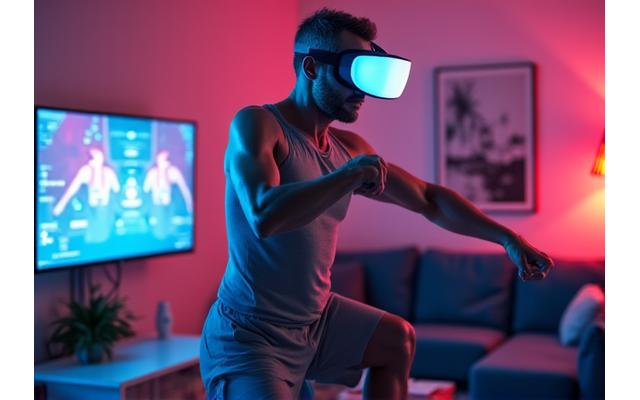 Man 50s using a virtual reality fitness system in his modern home gym, enjoying an engaging and effective workout with cutting-edge technology.