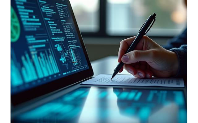 AI-generated charts and data visuals overlaid with a hand making notes, symbolizing human expert review.