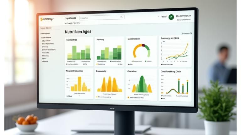 A clean, modern digital dashboard displaying nutrition analytics, including macronutrient intake, progress charts for energy levels and digestion, and goal tracking for an adult 35+.