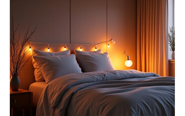 A cozy bedroom scene at dusk with soft lighting and a person settling down for sleep, indicating deep relaxation and rest optimization.